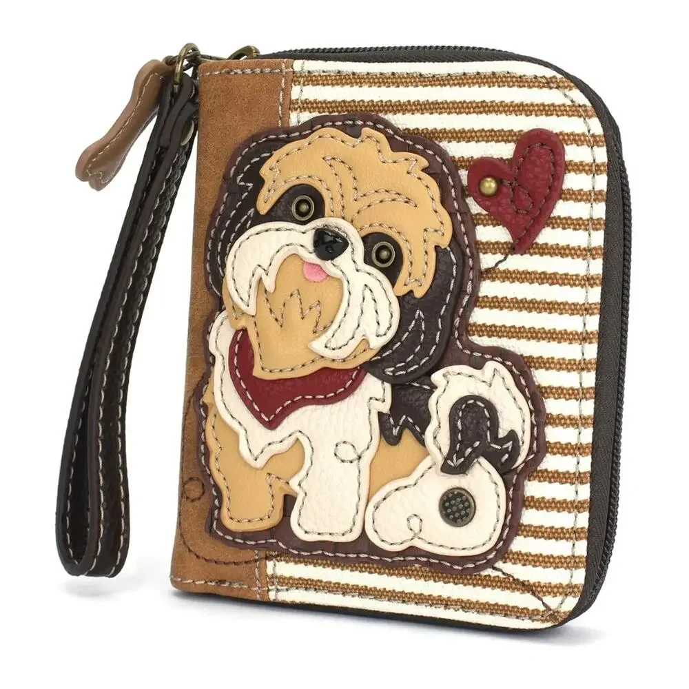 Chala Zip Around Faux Leather Wallet Wristlet - Brown Shih Tzu, Brown Stripe NWT